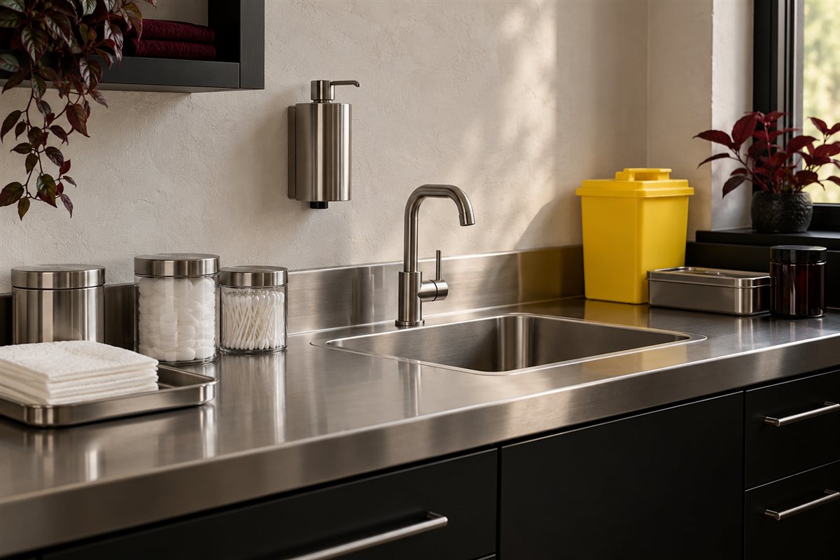 Concept studio preparation area with a steel sink, closed containers and a yellow disposal container