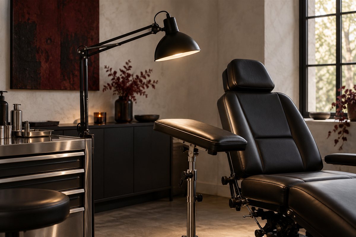 Adjustable black task lamp beside a treatment chair and steel armrest